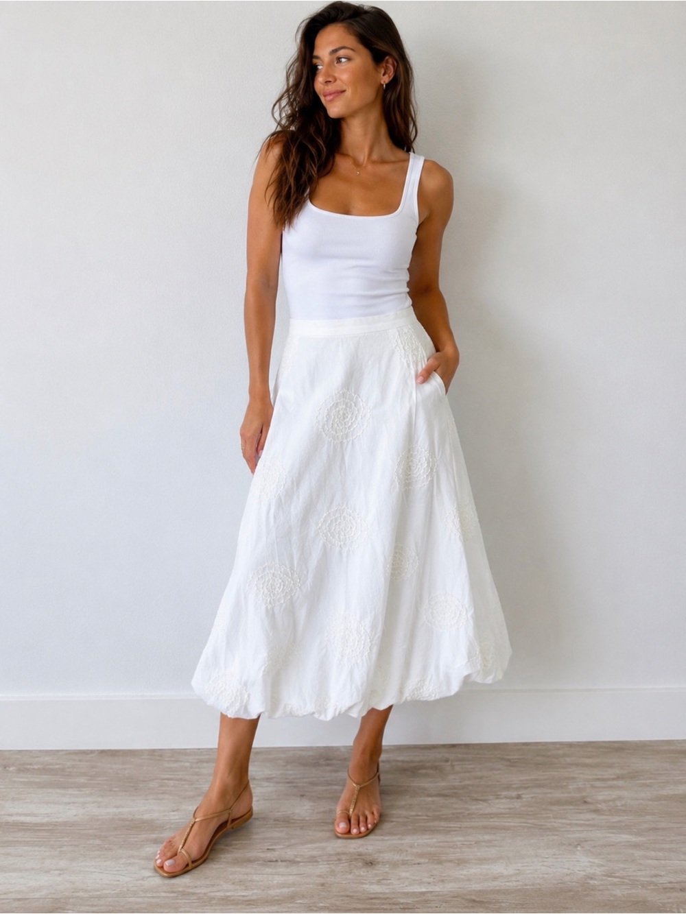 Classic White Embroidered Maxi Skirt - Women's Elegant Summer balloon hem Skirt